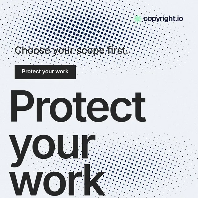Instagram post for copyright.io: "Reposts don't remove themselves." Split block style, oversized layout, light palette in white, grey.