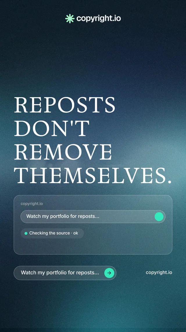 Instagram story for copyright.io: "Reposts don't remove themselves." Agentic glass style, poster layout, dark palette in blue, teal.