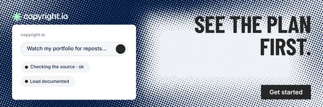 X header for copyright.io: "See the plan first." Retro print style, right layout, light palette in grey, blue, white.