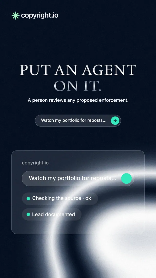 Instagram story for copyright.io: "Put an agent on it." Agentic glass style, centred layout, dark palette in black, blue, grey.