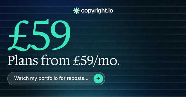Social ad for copyright.io: "Reposts don't remove themselves." Agentic glass style, stat layout, dark palette in blue, black, teal.