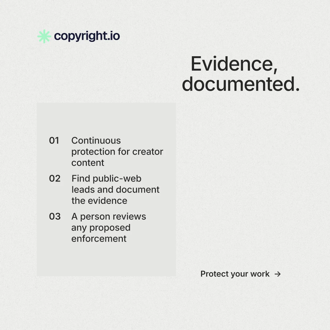 Instagram post for copyright.io: "Evidence, documented." Minimal luxury style, skeleton layout, light palette in white, green.