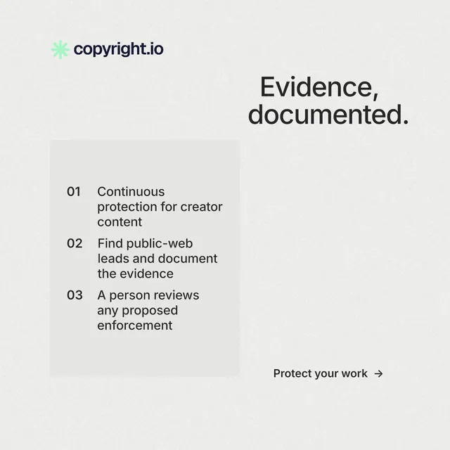 Instagram post for copyright.io: "Evidence, documented." Minimal luxury style, skeleton layout, light palette in white, green.