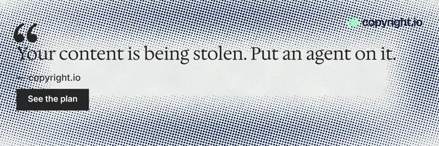 X header for copyright.io: "Find your reposted work." Retro print style, quote layout, light palette in white, grey.