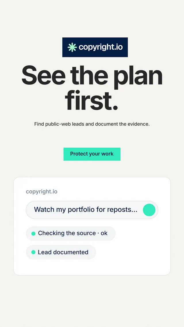 Instagram story for copyright.io: "See the plan first." Swiss style, centred layout, light palette in white, grey.