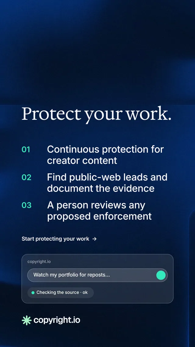 Instagram story for copyright.io: "Protect your work." Minimal luxury style, numbered layout, dark palette in blue, black.