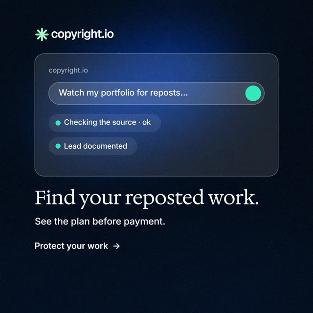 Instagram post for copyright.io: "Find your reposted work." Minimal luxury style, bottom layout, dark palette in black, blue.