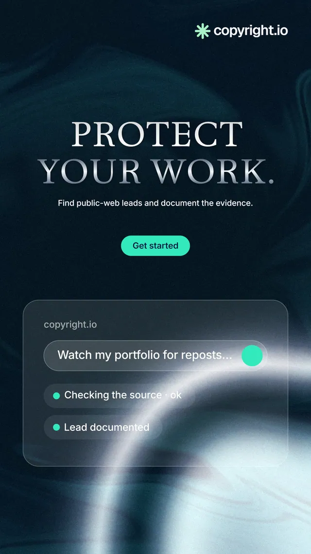 Instagram story for copyright.io: "Protect your work." Y2K style, centred layout, dark palette in blue, black.