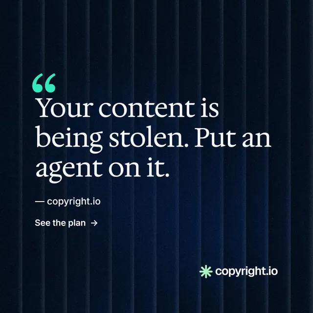 Instagram post for copyright.io: "Continuous protection for creators." Minimal luxury style, quote layout, dark palette in black, blue.