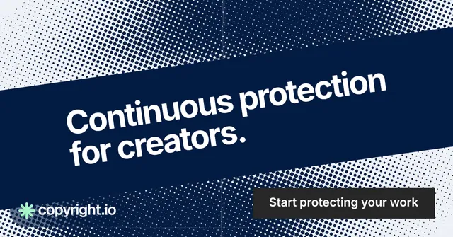 Social ad for copyright.io: "Continuous protection for creators." Swiss style, diagonal layout, dark palette in blue, grey.