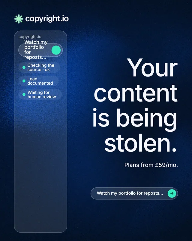 Instagram portrait post for copyright.io: "Your content is being stolen." Agentic glass style, right layout, dark palette in blue, black.