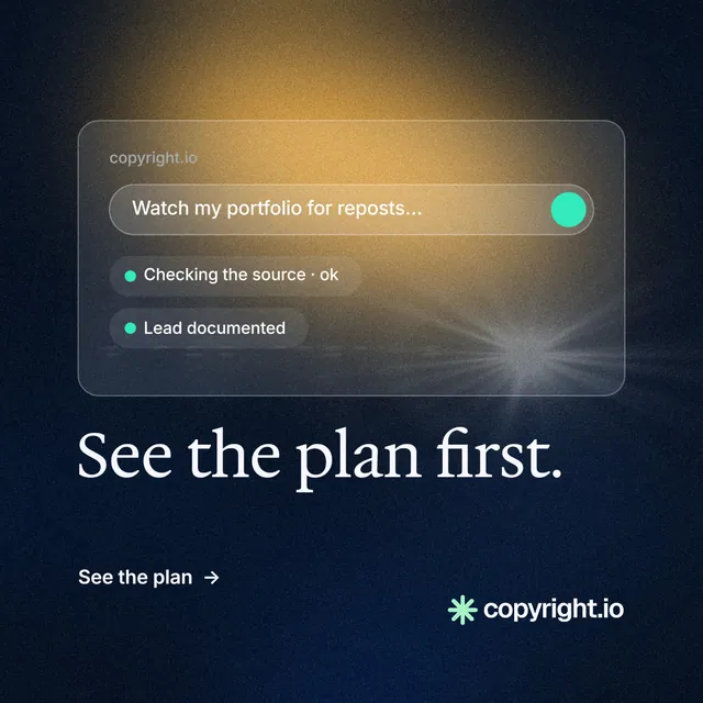 Instagram post for copyright.io: "See the plan first." Minimal luxury style, bottom layout, dark palette in orange, black.