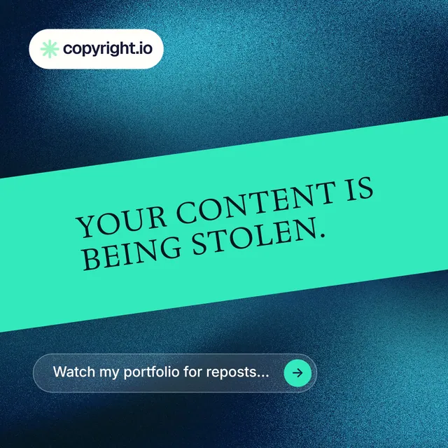Instagram post for copyright.io: "Your content is being stolen." Agentic glass style, diagonal layout, light palette in blue, teal.
