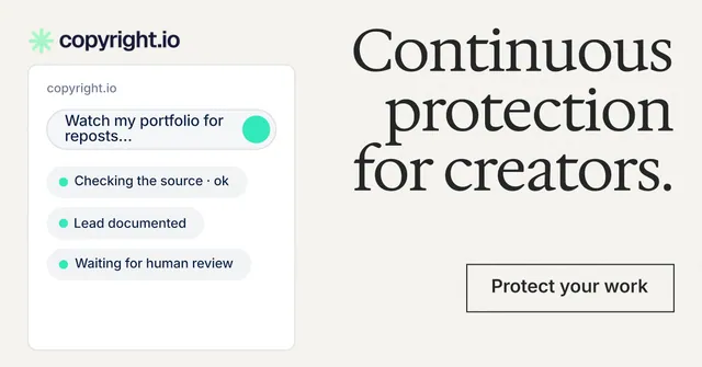 Social ad for copyright.io: "Continuous protection for creators." Editorial style, right layout, light palette in white, grey.