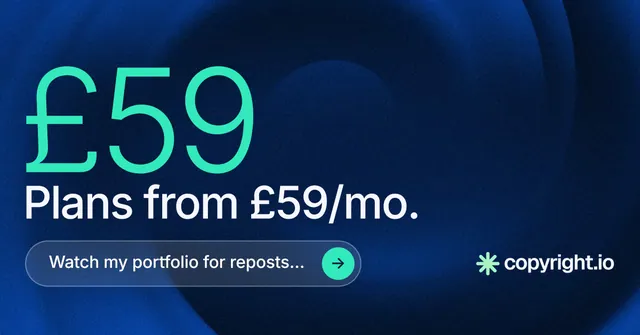 Social ad for copyright.io: "Continuous protection for creators." Agentic glass style, stat layout, dark palette in blue, black.