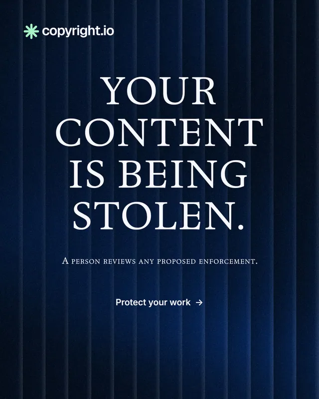 Instagram portrait post for copyright.io: "Your content is being stolen." Agentic glass style, smallcaps layout, dark palette in black, blue, grey.