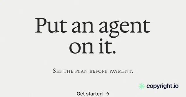 Social ad for copyright.io: "Put an agent on it." Editorial style, smallcaps layout, light palette in white, grey.
