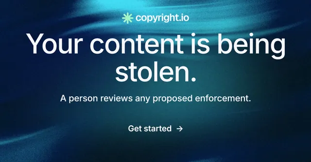 Social ad for copyright.io: "Your content is being stolen." Minimal luxury style, centred layout, dark palette in black, blue, teal.