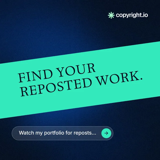 Instagram post for copyright.io: "Find your reposted work." Agentic glass style, diagonal layout, dark palette in blue, black, teal.