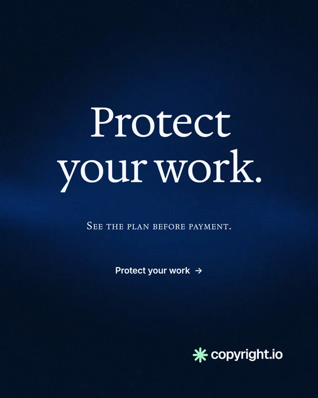 Instagram portrait post for copyright.io: "Protect your work." Minimal luxury style, smallcaps layout, dark palette in blue, black.