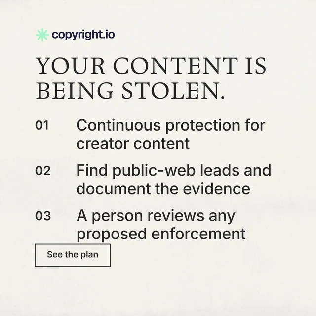 Instagram post for copyright.io: "Your content is being stolen." Editorial style, numbered layout, light palette in white, orange, grey.