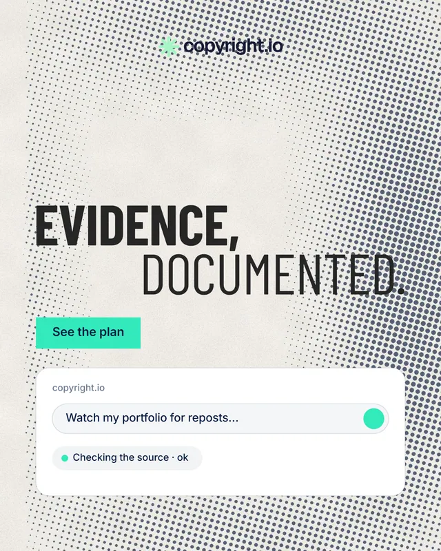 Instagram portrait post for copyright.io: "Evidence, documented." Retro print style, stacked layout, light palette in white, grey.