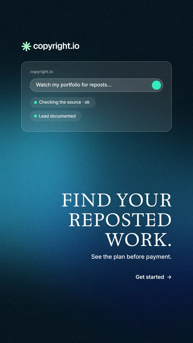 Instagram story for copyright.io: "Find your reposted work." Minimal luxury style, right layout, dark palette in black, blue.