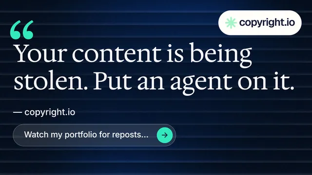 Landscape graphic for copyright.io: "Protect your work." Agentic glass style, quote layout, dark palette in blue, black, grey.