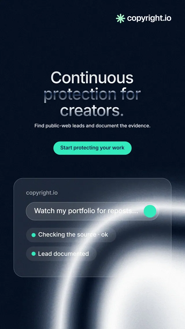 Instagram story for copyright.io: "Continuous protection for creators." Y2K style, centred layout, dark palette in black, blue, grey.