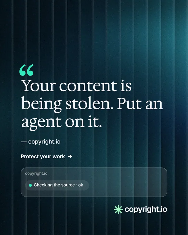 Instagram portrait post for copyright.io: "Protect your work." Minimal luxury style, quote layout, dark palette in black, blue, teal.