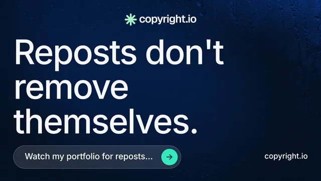 Landscape graphic for copyright.io: "Reposts don't remove themselves." Agentic glass style, poster layout, dark palette in blue, black, grey.