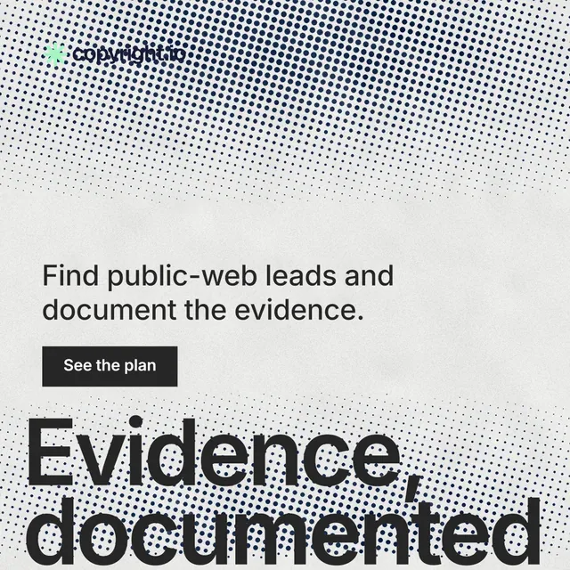 Instagram post for copyright.io: "See the plan first." Swiss style, oversized layout, light palette in white, grey.