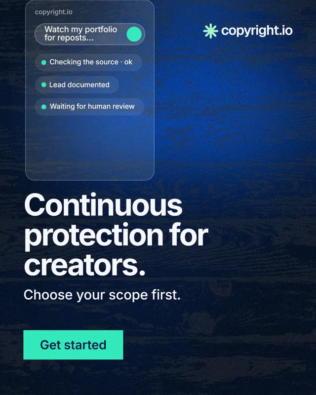 Instagram portrait post for copyright.io: "Continuous protection for creators." Swiss style, skeleton layout, dark palette in blue, black.