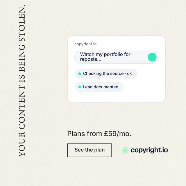 Instagram post for copyright.io: "Your content is being stolen." Editorial style, vertical layout, light palette in white.