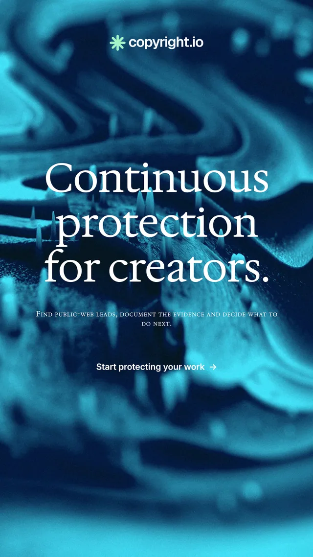 Instagram story for copyright.io: "Continuous protection for creators." Minimal luxury style, smallcaps layout, dark palette in blue, teal.