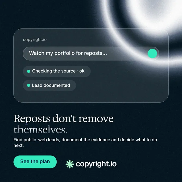 Instagram post for copyright.io: "Reposts don't remove themselves." Y2K style, bottom layout, dark palette in black, blue, grey.