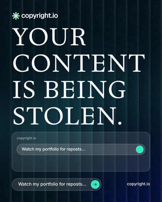 Instagram portrait post for copyright.io: "Your content is being stolen." Agentic glass style, poster layout, dark palette in blue, black, grey.
