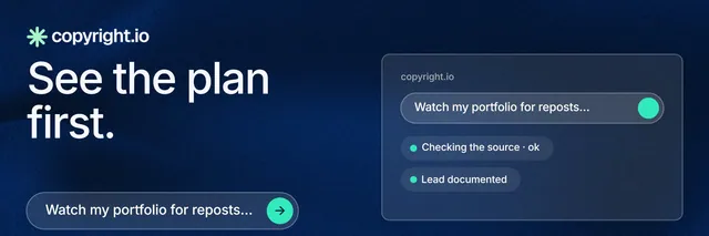 X header for copyright.io: "See the plan first." Agentic glass style, bottom layout, dark palette in blue, black.