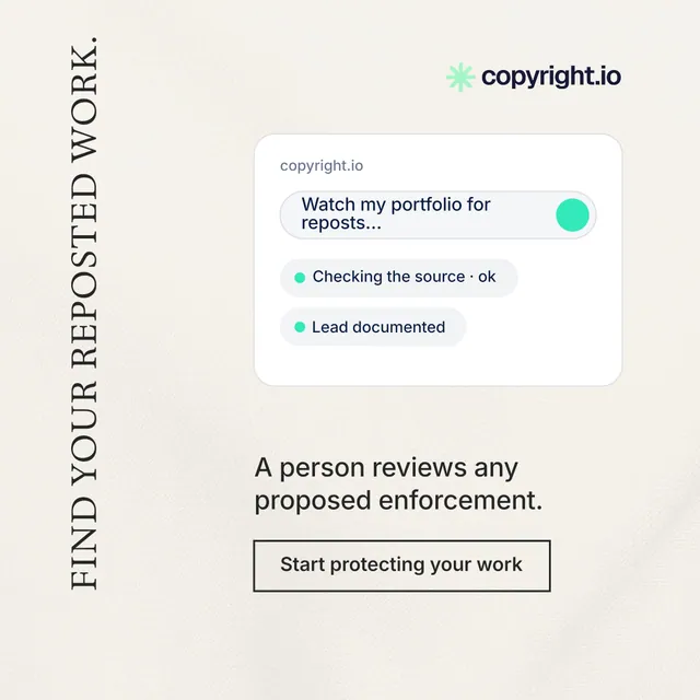 Instagram post for copyright.io: "Find your reposted work." Editorial style, vertical layout, light palette in white.