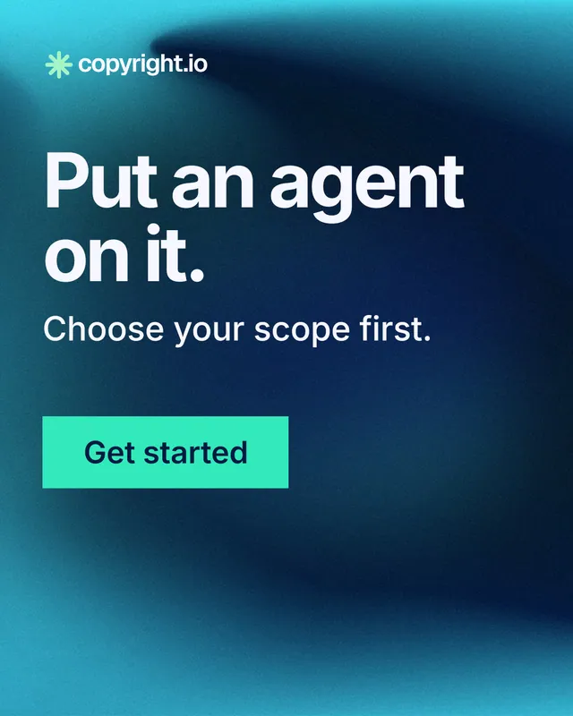 Instagram portrait post for copyright.io: "Put an agent on it." Swiss style, skeleton layout, dark palette in teal, blue.
