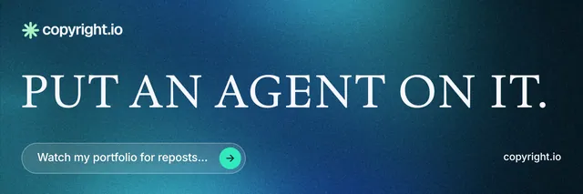X header for copyright.io: "Put an agent on it." Agentic glass style, poster layout, dark palette in blue.