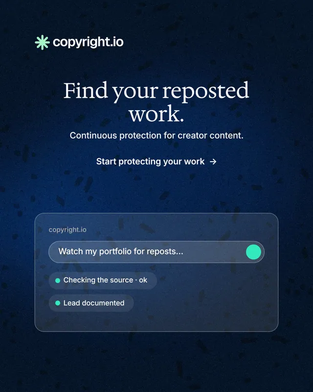Instagram portrait post for copyright.io: "Find your reposted work." Minimal luxury style, centred layout, dark palette in blue, black.