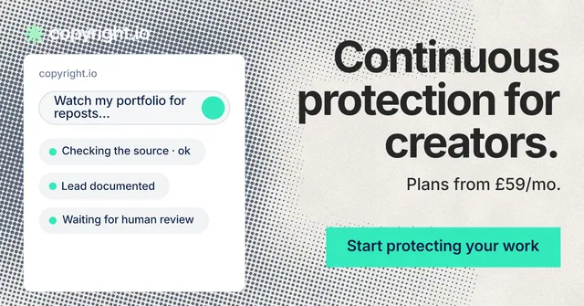 Social ad for copyright.io: "Continuous protection for creators." Swiss style, right layout, light palette in white, grey, green.