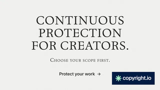 Landscape graphic for copyright.io: "Continuous protection for creators." Editorial style, smallcaps layout, light palette in white, grey.