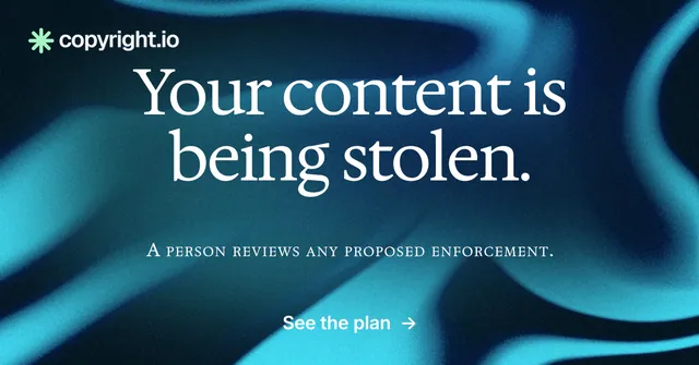 Social ad for copyright.io: "Your content is being stolen." Agentic glass style, smallcaps layout, dark palette in black, blue, teal.