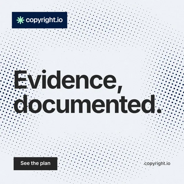 Instagram post for copyright.io: "Evidence, documented." Swiss style, poster layout, light palette in blue, white, grey.