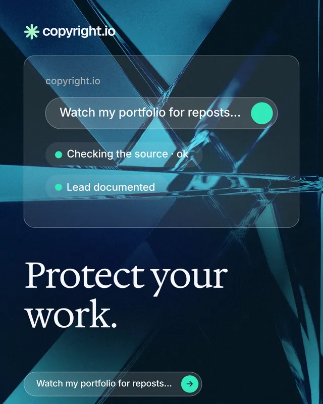 Instagram portrait post for copyright.io: "Protect your work." Agentic glass style, bottom layout, dark palette in black, blue, teal.