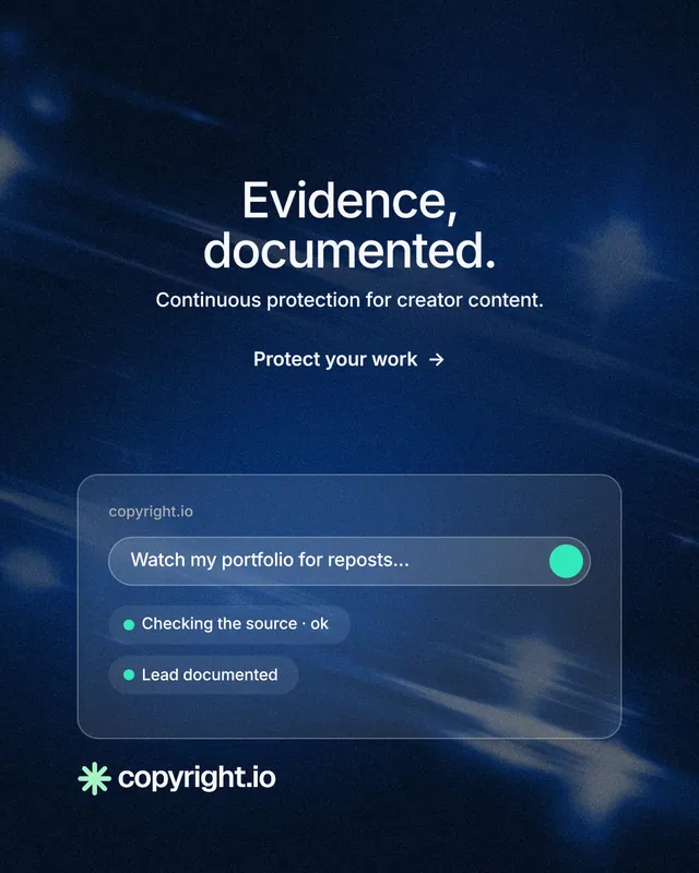 Instagram portrait post for copyright.io: "Evidence, documented." Minimal luxury style, centred layout, dark palette in black, blue.