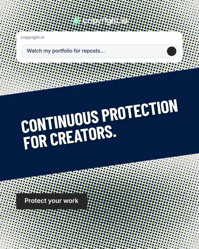 Instagram portrait post for copyright.io: "Continuous protection for creators." Retro print style, diagonal layout, light palette in blue, grey, white.