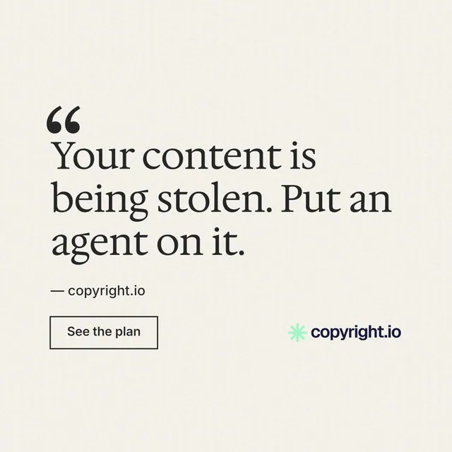Instagram post for copyright.io: "Reposts don't remove themselves." Editorial style, quote layout, light palette in white, grey.